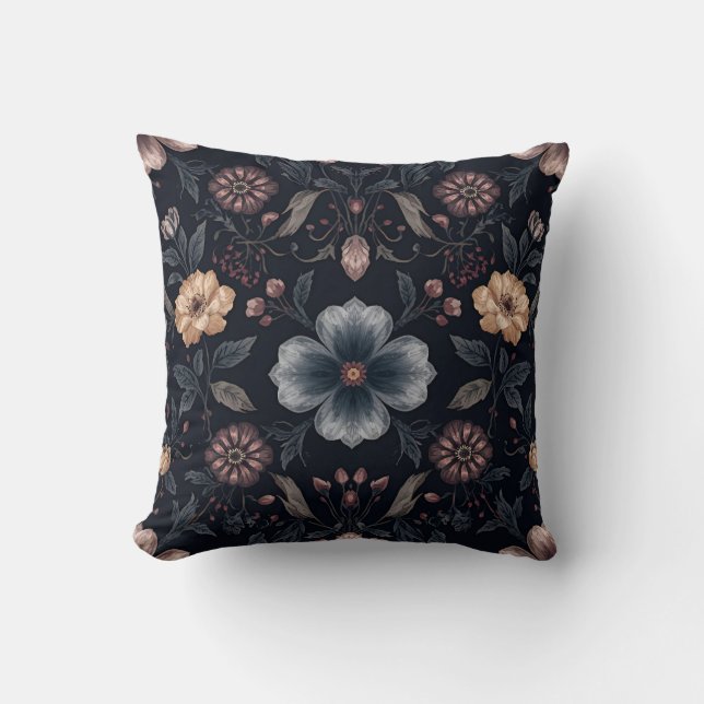 Moody Midnight Dark Botanical Floral  Cushion (Front)