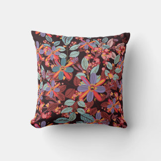 Moody Midnight Floral Folk Art Pattern Pillow