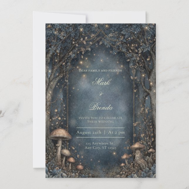 Moody Midnight Gothic Arch Forest Wedding Invitation (Front)