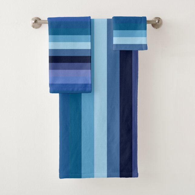 Moody Midnight Ocean Blue Gradient Stripe Pattern Bath Towel Set (Insitu)