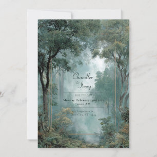 Moody Misty Forest Gold Frame Wedding Invitation