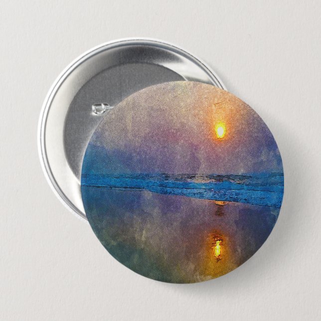 Moody misty seaside sunrise  7.5 cm round badge (Front & Back)