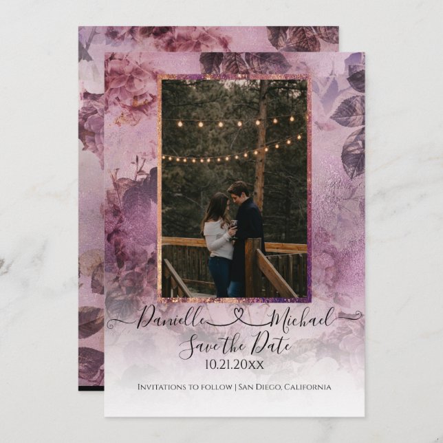 Moody Modern Floral Purple Script Heart Photo Save The Date (Front/Back)