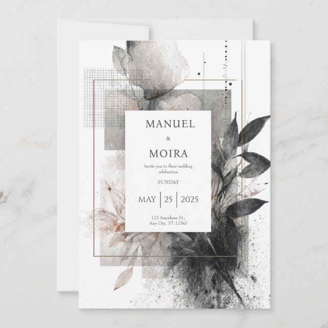 Moody Monochrome Abstract Floral Wedding Invitation (Front)