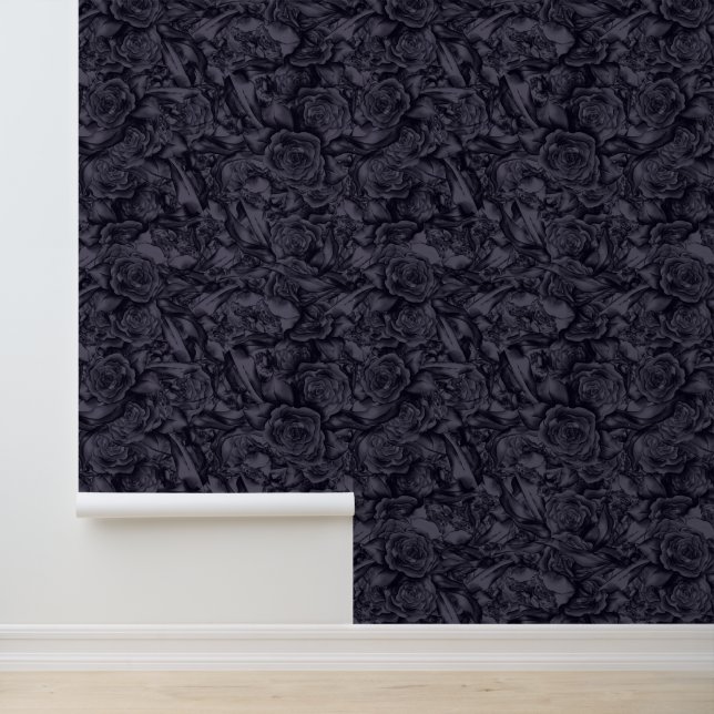 Moody Monochrome Deep Navy Blue Floral Pattern Wallpaper (Application)