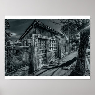Moody Monochrome Wooden Shed with Dramatic Shadows Poster
