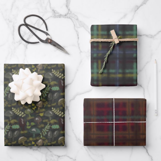 Moody Mushrooms Burgundy and Green Plaid  Wrapping Paper Sheet (Front)