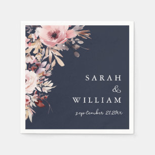 Moody Navy Blue Dusty Pink Floral Wedding Napkin