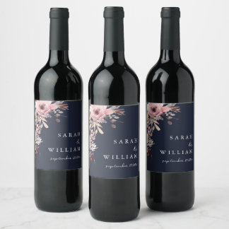 Moody Navy Blue Dusty Pink Floral Wedding Wine Label
