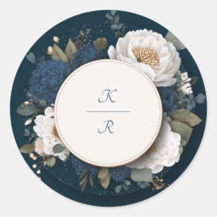 Moody Navy Blue White Gold Floral Circle Wedding Classic Round Sticker