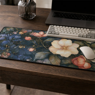 Moody Navy Garden with Blush and Ivory Florals Desk Mat