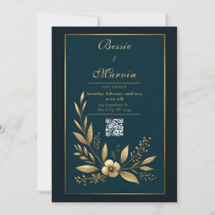 Moody Navy Gold Botanical Wedding Invitation