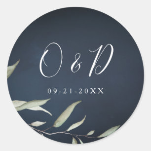 moody navy minimal botanical greenery monogram classic round sticker