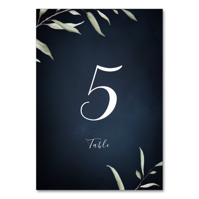 moody navy minimal botanical greenery table card (Front)