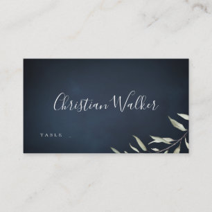 moody navy minimal botanical greenery wedding place card