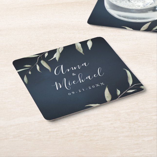 moody navy minimal botanical greenery wedding square paper coaster (Angled)