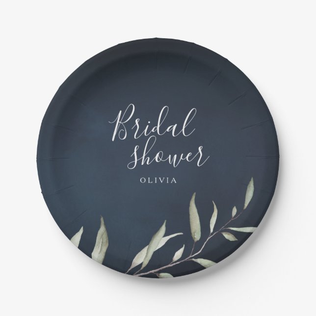 moody navy minimal greenery leaves bridal shower paper plate (Front)