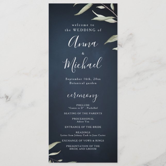 Moody navy minimal greenery rustic wedding program (Front)