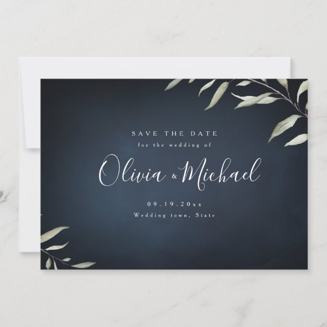 Moody navy minimal greenery save the date (Front)