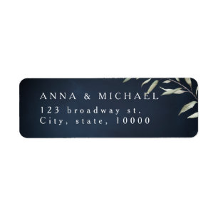 moody navy minimal greenery wedding return address label