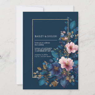 Moody Navy Pink Floral Faux Gold Leaf Wedding Invitation