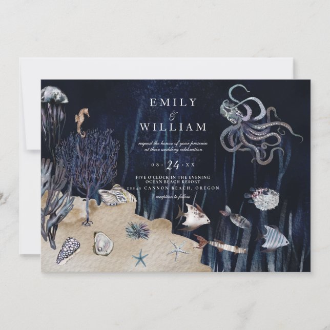 Moody Night Under the Sea Ocean Beach Wedding Invitation (Front)