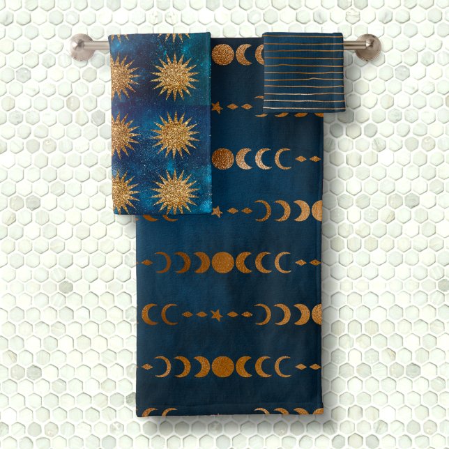 Moody Ocean Galaxy Metalic Gold Lunar Phase Mystic Bath Towel Set (Creator Uploaded)