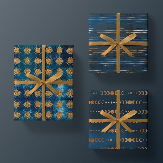 Moody Ocean Galaxy Metalic Gold Lunar Phase Mystic Wrapping Paper Sheet (Creator Uploaded)