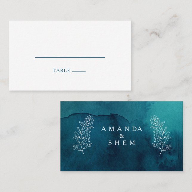 Moody Ocean Watercolor Flat Wedding Place Card (Front/Back)