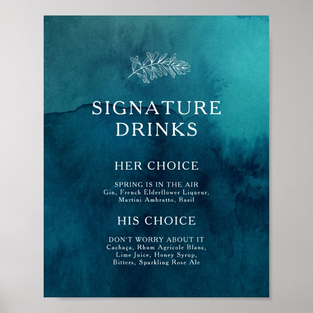 Moody Ocean Watercolor Signature Drinks Sign (Front)