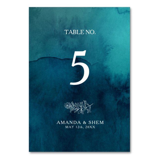Moody Ocean Watercolor Table Number (Front)