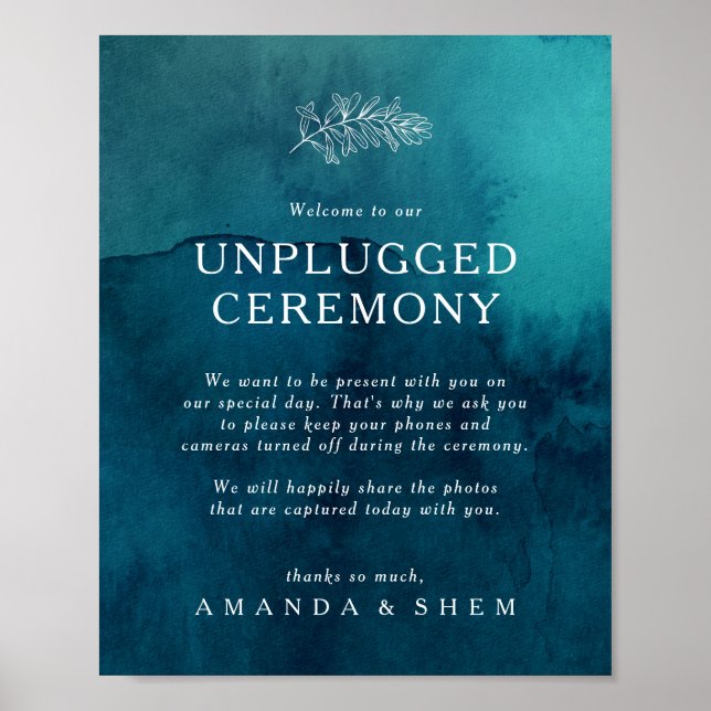 Moody Ocean Watercolor Unplugged Ceremony Sign (Front)