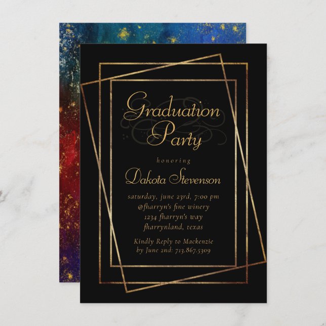 Moody Ombre | Blue Jewel Tone Gold Star Grad Party Invitation (Front/Back)
