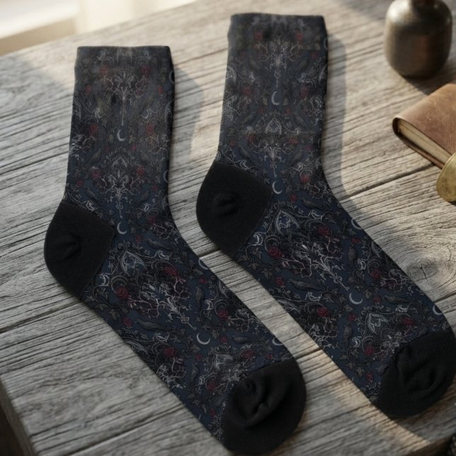 Moody Onyx Baroque Raven Socks (Moody raven socks with baroque filigree for dark academia lovers during autumn study sessions.)