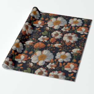 Moody orange white elegant retro flowers wrapping paper