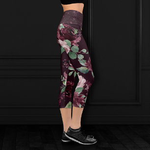 Moody Passion   Dramatic Purple Wine Rose Pattern Capri Leggings