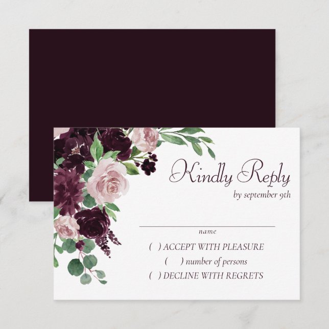 Moody Passions | Dramatic Purple Wine Rose Bouquet RSVP Card (Front/Back)