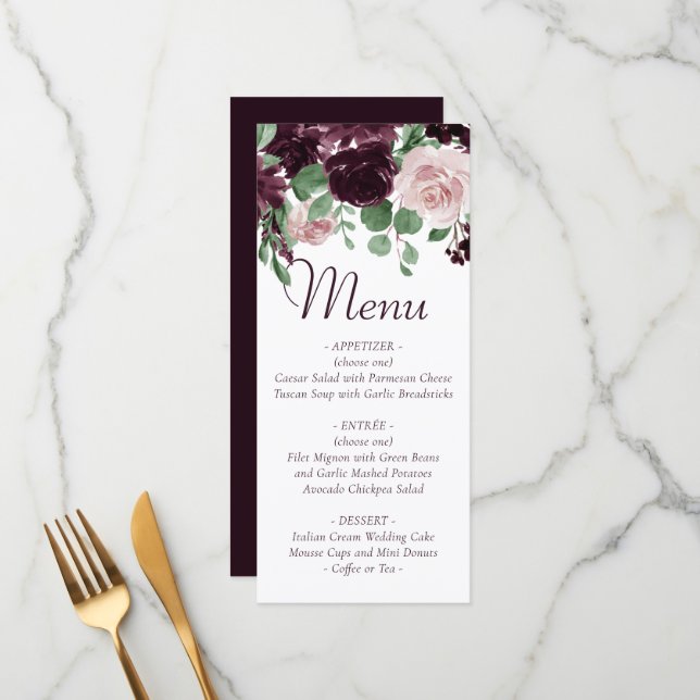 Moody Passions | Dramatic Purple Wine Rose Garland Menu (Front/Back In Situ)