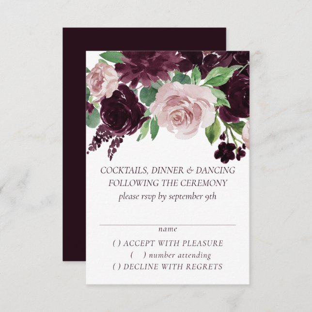 Moody Passions | Dramatic Purple Wine Rose Garland RSVP Card (Front/Back)
