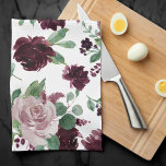 Moody Passions | Dramatic Purple Wine Rose Pattern Tea Towel<br><div class="desc">Drama and intrigue meet sophisticated elegance in this moody jewel tone colour palette featuring hand-painted watercolor floral in luxurious purple shades of wine, bourdeaux, and dusty sangria embellished by green botanical laurel accents. From the "Boho Bloom" collection, this layout incorporates a rich Bohemian wildflower bouquet with radiant flower blooms and...</div>
