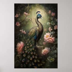 Moody Peacock Botanical Print, Dark Academia Wall Poster