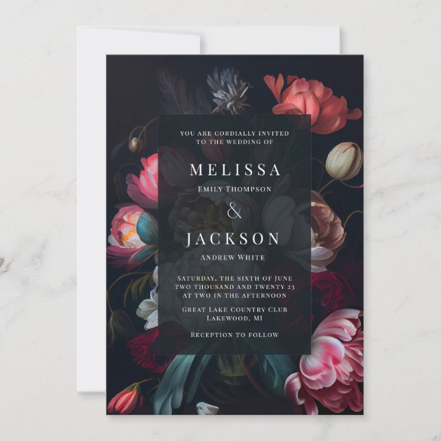 Moody Peony Floral Wedding Invitation (Front)