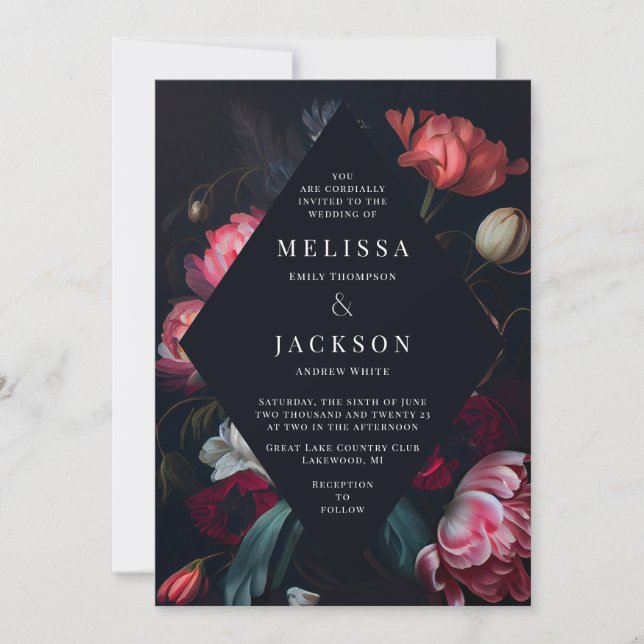 Moody Peony Floral Wedding Invitation (Front)