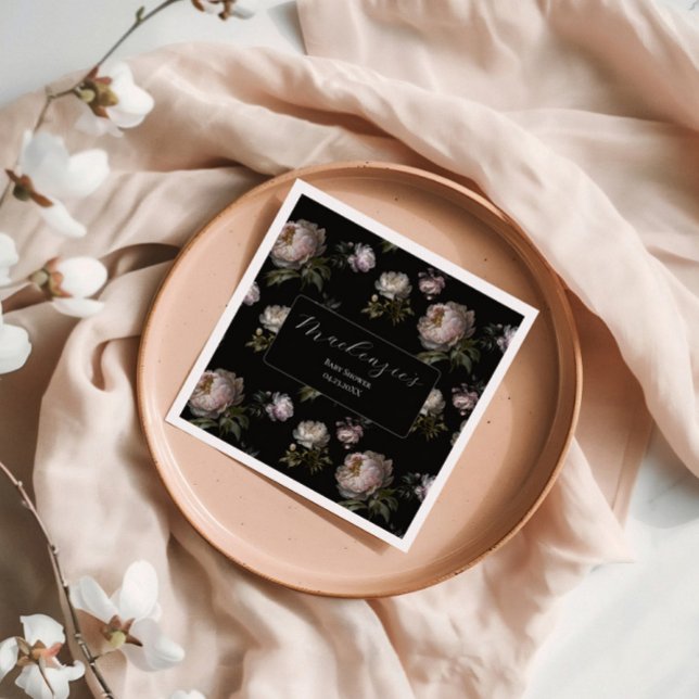 Moody Peony Flowers Baby Shower  Napkin (Party Napkin Moody Peony Baby Shower Collection)
