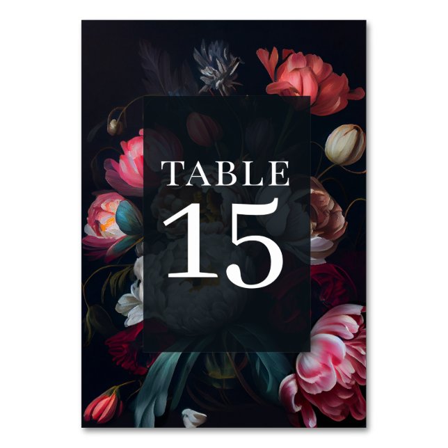 Moody Peony Painterly Floral Table Number (Front)