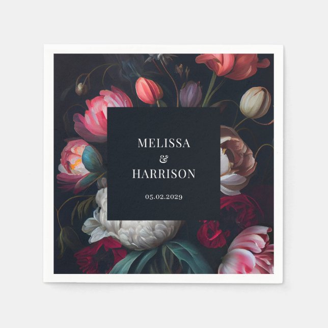 Moody Peony Painterly Floral Wedding Napkin (Front)