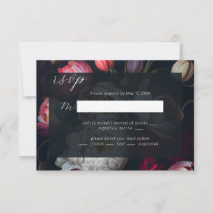 Moody Peony painterly Wedding Black RSVP Card