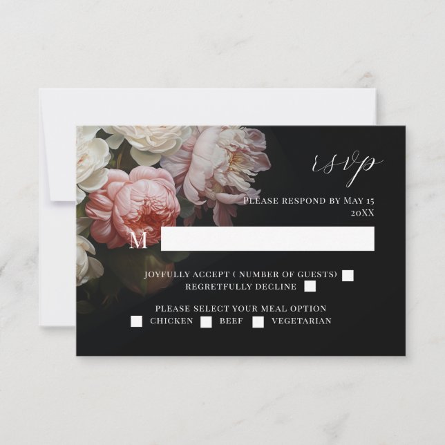 Moody Peony Rose Floral Wedding Black RSVP Card (Front)