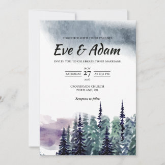 Moody Pine Forest Fog Watercolor Winter Wedding Invitation
