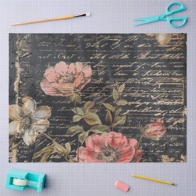 Moody Pink and White Floral Poppies Tissue Paper (Craft)